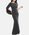 Betsy & Adam Metallic Drape Back Trumpet Gown In Silver