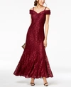 R & M Richards Off The Shoulder Fishtail Evening Gown With Full Body Shimmer Lace In Red