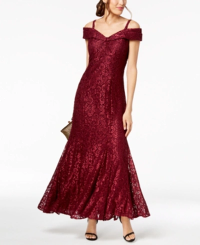 R & M Richards Off The Shoulder Fishtail Evening Gown With Full Body Shimmer Lace In Merlot