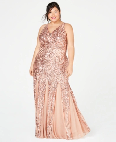 Nightway Plus Size Sequined Mesh Gown In Rose Gold