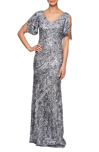 Alex Evenings Sequin Lace Cold Shoulder Trumpet Gown In Silver
