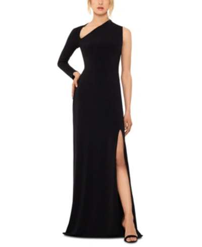 Betsy & Adam One-shoulder Single Long Sleeve Gown In Black