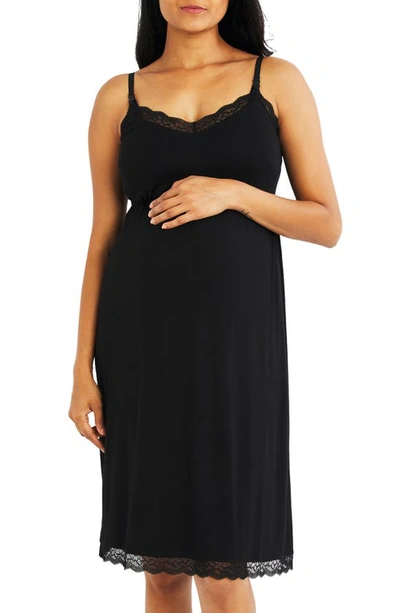 A Pea In The Pod Lace Trim Clipdown Maternity/nursing Nightgown In Black