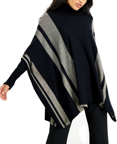 Alfani Petite Striped Turtleneck Poncho Sweater, Created For Macy's In Black Shine