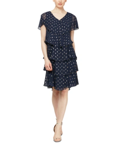 Sl Fashions Polka Dot Tiered Georgette Dress In Navy/gold