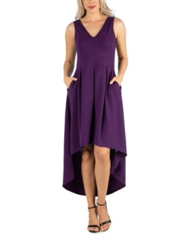 24seven Comfort Apparel Women's Sleeveless Fit And Flare High Low Dress In Purple