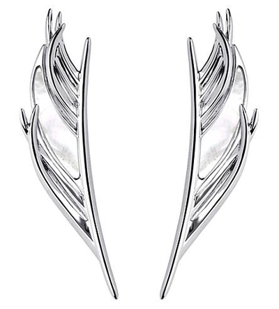 Shaun Leane White Feather Silver And Mother-of-pearl Earrings In Nero