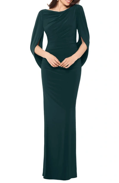 Betsy & Adam Drape Sleeves Trumpet Evening Gown In Forest Green