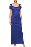 Alex Evenings Cold-shoulder Draped Metallic Gown Regular & Petite Sizes In Royal