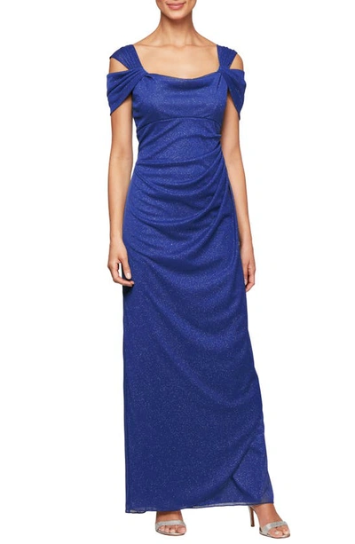 Alex Evenings Cold-shoulder Draped Metallic Gown Regular & Petite Sizes In Royal