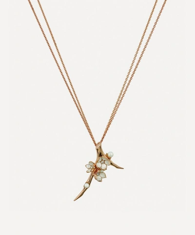 Shaun Leane Rose Gold Plated Vermeil Silver Diamond And Pearl Cherry Blossom Branch Pendant Necklace
