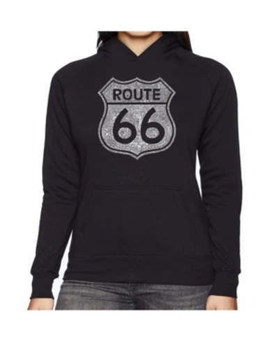 La Pop Art Women's Word Art Hooded Sweatshirt -cities Along The Legendary Route 66 In Purple