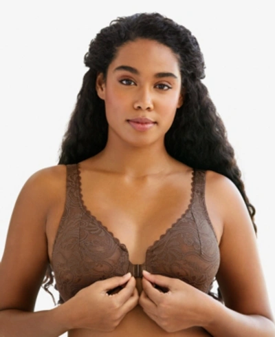Glamorise Women's Full Figure Plus Size Wonderwire Front Close Stretch Lace Bra 9245 In Mocha