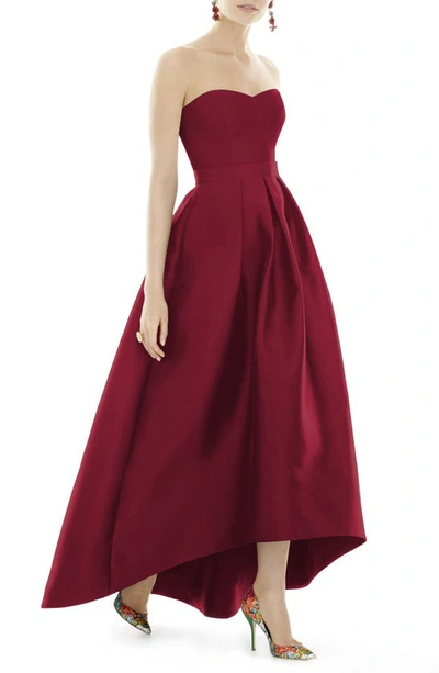 Alfred Sung Strapless Satin High Low Dress With Pockets In Red