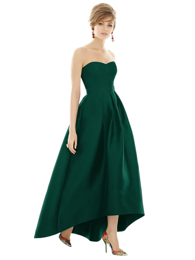 Alfred Sung Strapless Satin High Low Dress With Pockets In Green