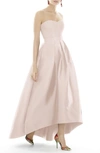 Alfred Sung Strapless Satin High Low Dress With Pockets In Gold