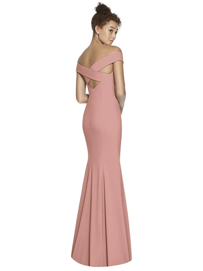 Dessy Collection Off-the-shoulder Short-sleeve Column Gown W/ Slit In Pink