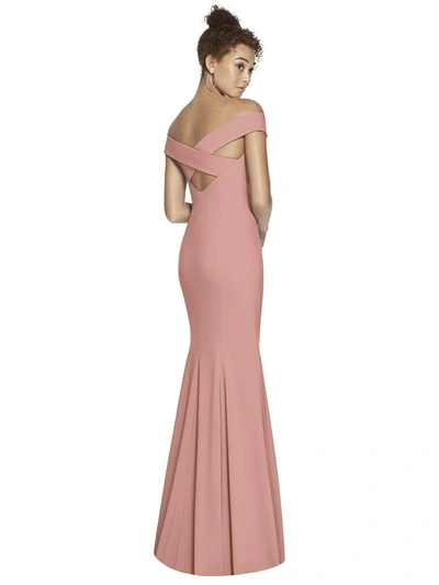 Dessy Collection Off-the-shoulder Short-sleeve Column Gown W/ Slit In Desert Rose