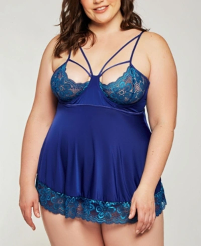 Icollection Plus Size Daisy Lace Caged Babydoll Lingerie Nightgown In Blue