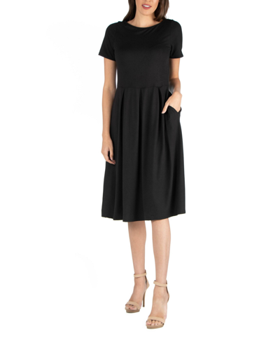 24seven Comfort Apparel Maternity Midi Dress With Short Sleeve And Pocket Detail In Black