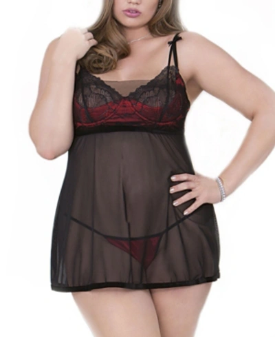 Icollection Women's Adorable Mesh Overlay Babydoll 2pc Lingerie Set In Red