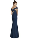 Dessy Collection Off-the-shoulder Short-sleeve Column Gown W/ Slit In Blue