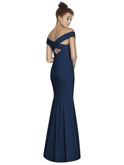 Dessy Collection Off-the-shoulder Short-sleeve Column Gown W/ Slit In Midnight