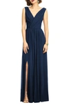 Dessy Collection Sleeveless Draped Chiffon Maxi Dress With Front Slit In Blue