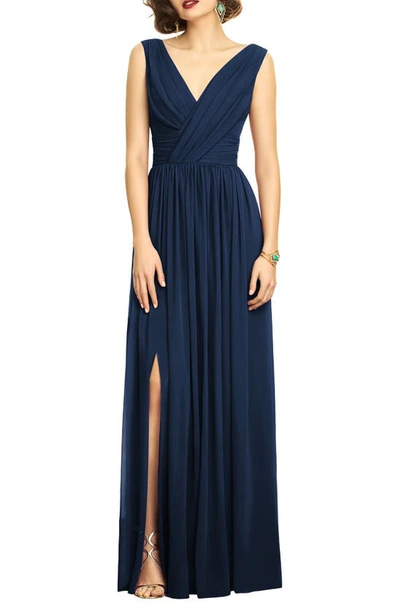 Dessy Collection Sleeveless Draped Chiffon Maxi Dress With Front Slit In Blue