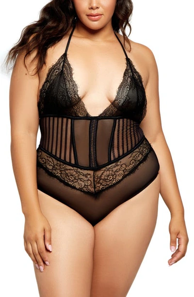 Icollection Lace & Mesh Halter Teddy In Black