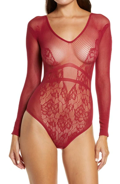 Hauty Women's Seamless Fishnet Sheer Underwear Bodysuit, Online Only In Burgundy