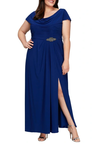 Alex Evenings Embellished-waist Cowlneck Gown In Royal Blue