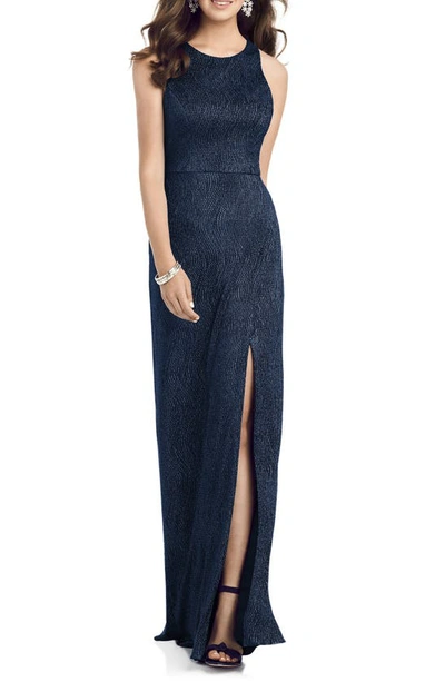 Dessy Collection Soho Metallic Column Gown In Blue