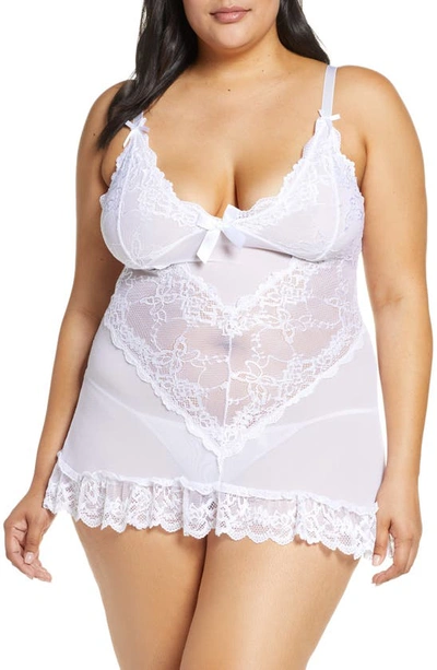 Oh La La Cheri Women's Sheer Cup Lacey Baby Doll With G-string 2pc Lingerie Set In White