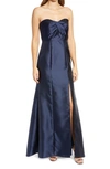 Alfred Sung Strapless Sweetheart Draped-bodice Gown W/ Thigh-slit In Midnight