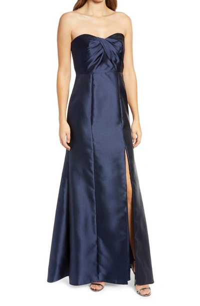 Alfred Sung Strapless Sweetheart Draped-bodice Gown W/ Thigh-slit In Midnight