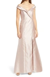 Alfred Sung Off-the-shoulder Short-sleeve Gown With Slit In Grey