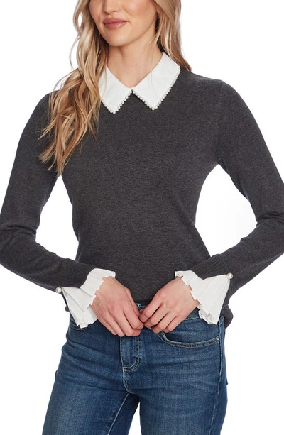 Cece Imitation Pearl Peter Pan Collar Cotton Sweater In Rich Black