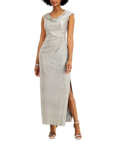 Connected Petite Cowlneck Metallic Gown In Stone