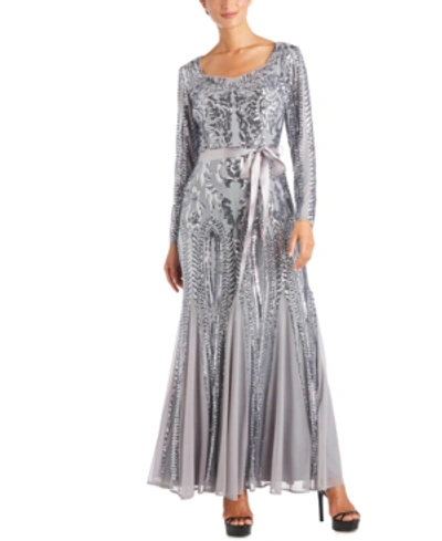 R & M Richards Petite Embellished Godet Gown In Silver