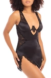 Oh La La Cheri Women's High Apex Teddy Lingerie With Deep Plunging Neckline And Lace Inserts In Black