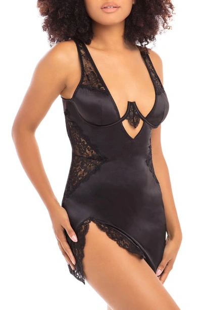 Oh La La Cheri Women's High Apex Teddy Lingerie With Deep Plunging Neckline And Lace Inserts In Black/ Black