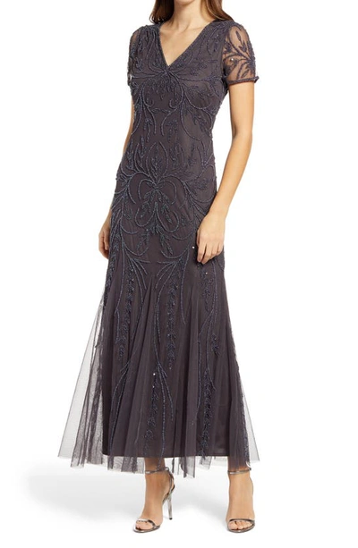 Pisarro Nights Beaded Mesh Gown In Dark Grey