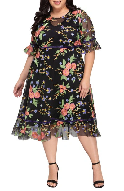 Kiyonna Wildflower Embroidered Dress In Garden Party Print