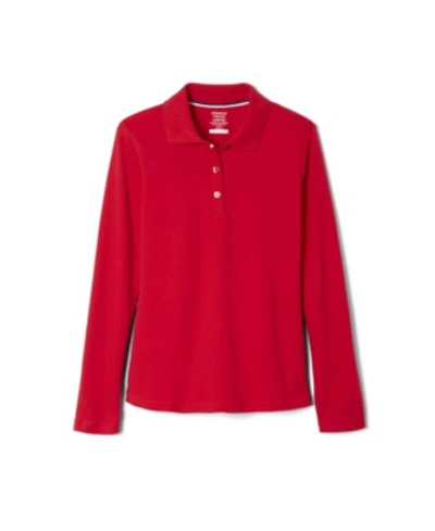 French Toast Kids' Big Girls Long Sleeve Interlock Knit Polo With Picot Collar In Red