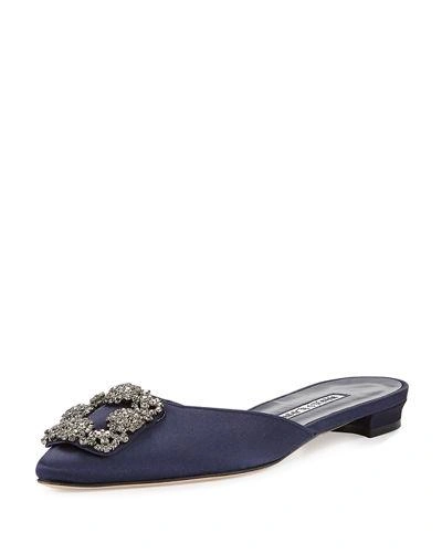 Manolo Blahnik Hangisi Satin Mule Flat In Navy