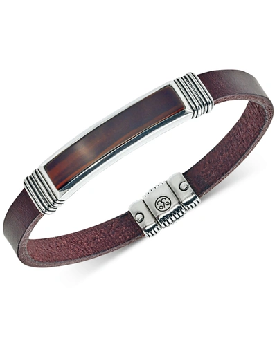 Esquire Men's Jewelry Red Tiger's Eye (45 X 15mm) Brown Leather Bracelet In Sterling Silver, Created For Macy's