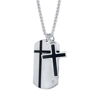 He Rocks Cross And Tag Pendant In Stainless Steel, 24" Chain In Stainless Steel/black
