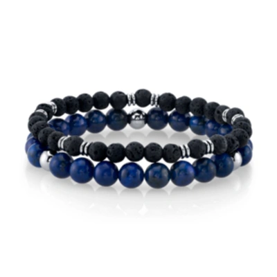 He Rocks Lapis Stone And Black Lava Bead Double Bracelet With Stainless Steel Beads, 8.5" In Black/stainless Steel/blue