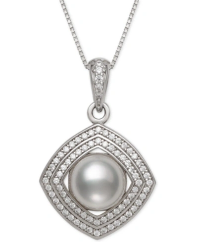 Belle De Mer Cultured Freshwater Pearl (8mm) & Cubic Zirconia 18" Pendant Necklace In Sterling Silver
